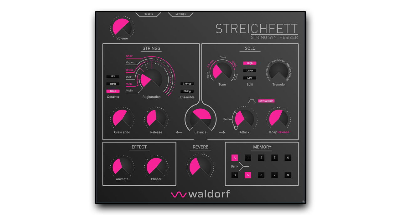 The String Machine as a Plug-In. The sound engine of the legendary Waldorf Streichfett hardware is now available as a plug-in for your DAW, fat sound for a very affordable price supporting all common formats (VST3, VST2, AU, AAX).