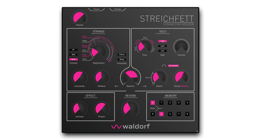 The String Machine as a Plug-In. The sound engine of the legendary Waldorf Streichfett hardware is now available as a plug-in for your DAW, fat sound for a very affordable price supporting all common formats (VST3, VST2, AU, AAX).